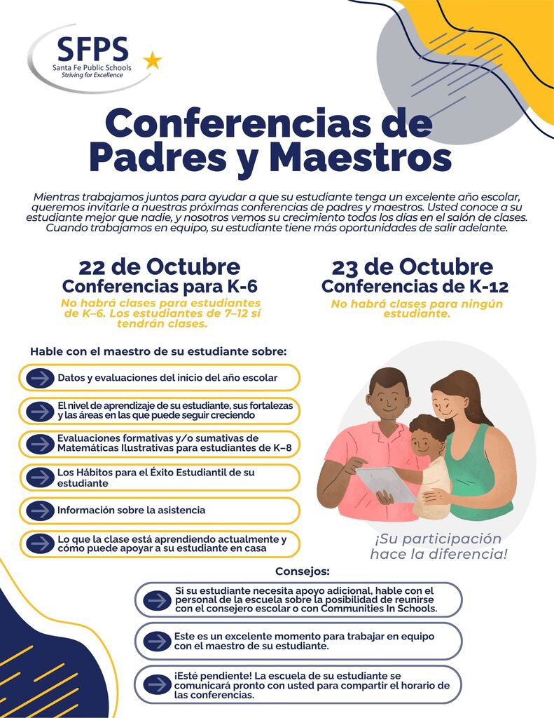 A poster in Spanish shows a family with two children and parents. Text includes "Conferencias de Padres y Maestros" and "22 de Octubre" and "23 de Octubre" with dates and topics.