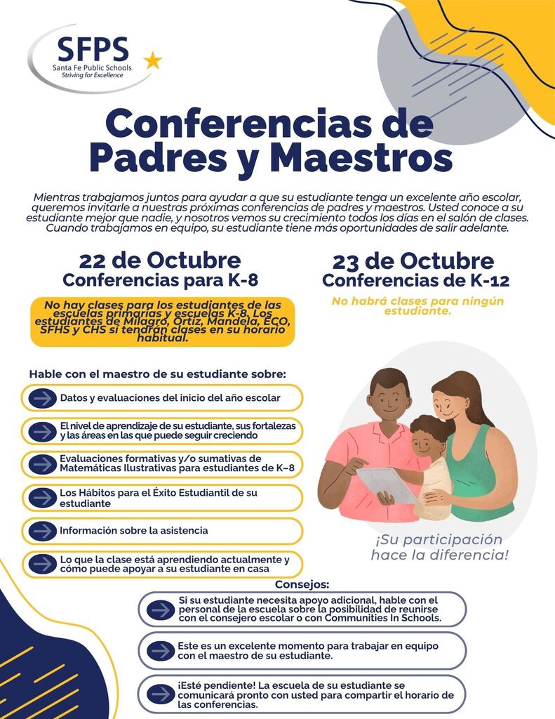 An infographic displays dates and details for parent-teacher conferences for different school grades, with text in Spanish.