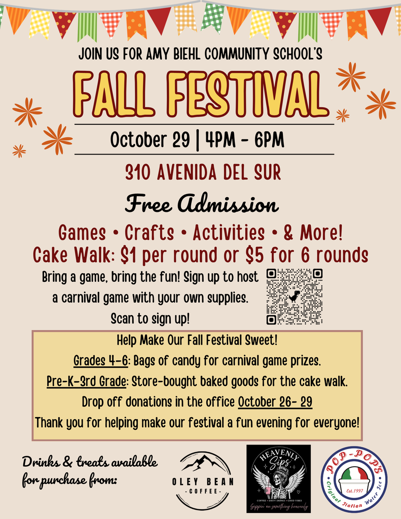 Flyer with colorful bunting, "Fall Festival" text, and event details. Date: Oct 29, 4-6PM. Address: 310 Avenida del Sur. Free admission. Activities include games, crafts, and a cake walk.