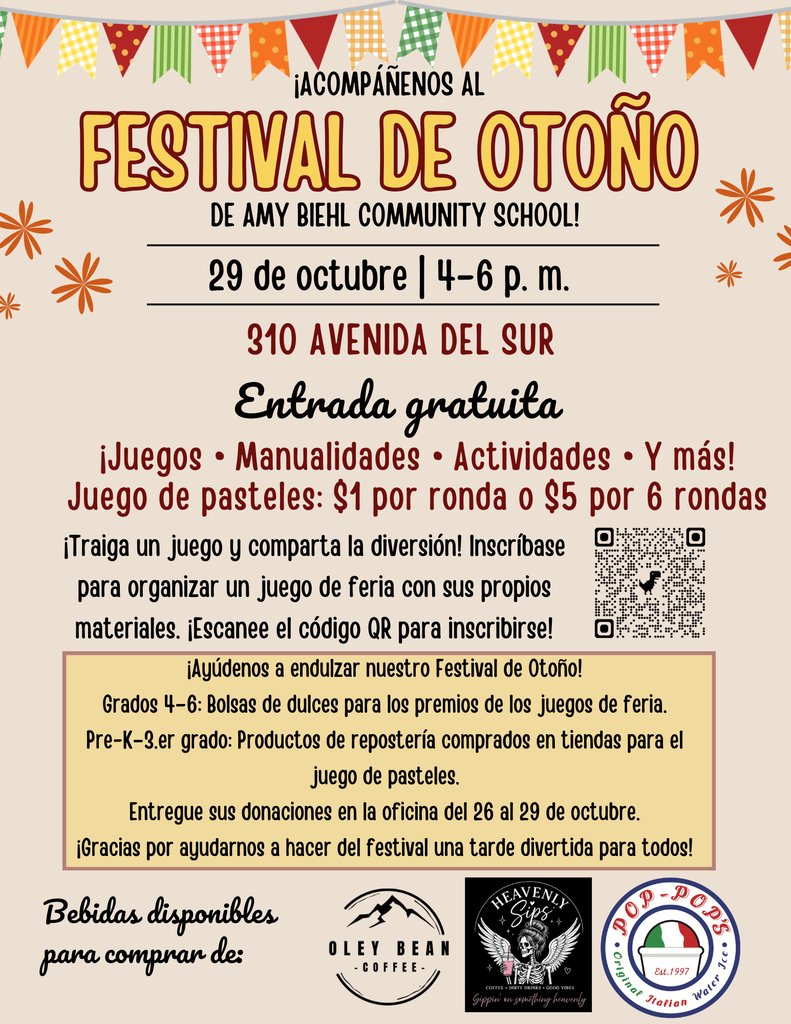 Poster for Amy Biehl Community School's Festival de Otoño on October 29. Event starts at 4-6 pm at 310 Avenida del Sur. Free admission.