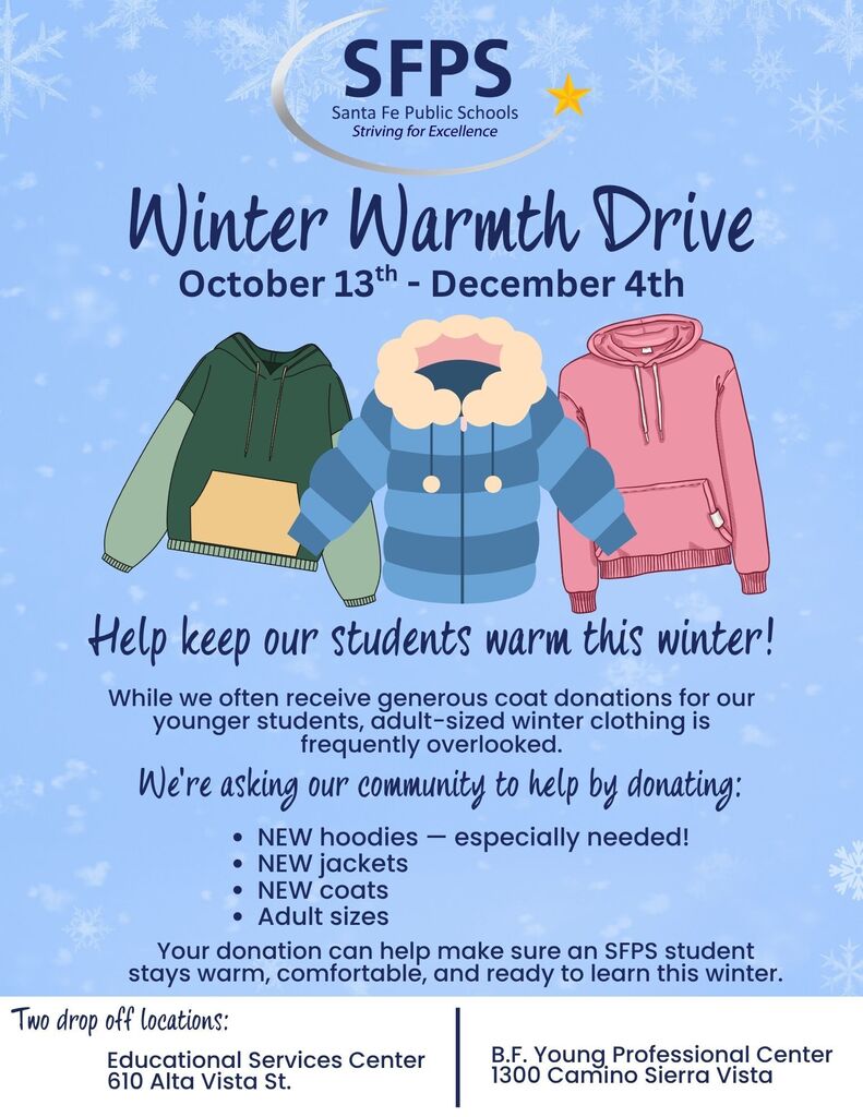 Winter Warmth Drive flyer from Santa Fe Public Schools. It invites donations of new jackets, coats, and hoodies.