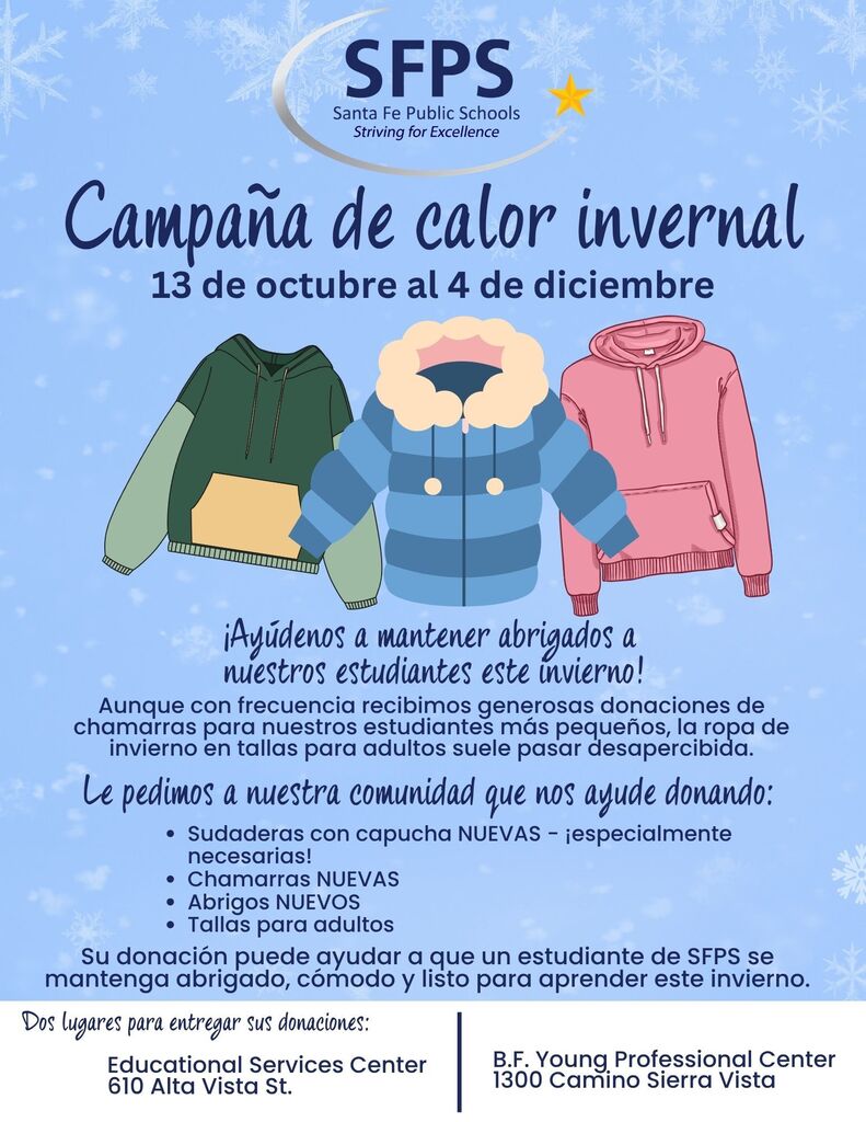 Poster with blue background featuring three winter jackets. Text in Spanish reads "Campana de calor invernal" and dates.