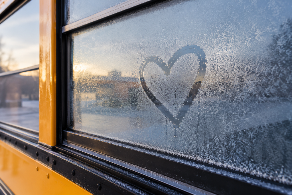 Heart shaped on a school bus window with condensation on a cold morning. Blurry background of trees and buildings.