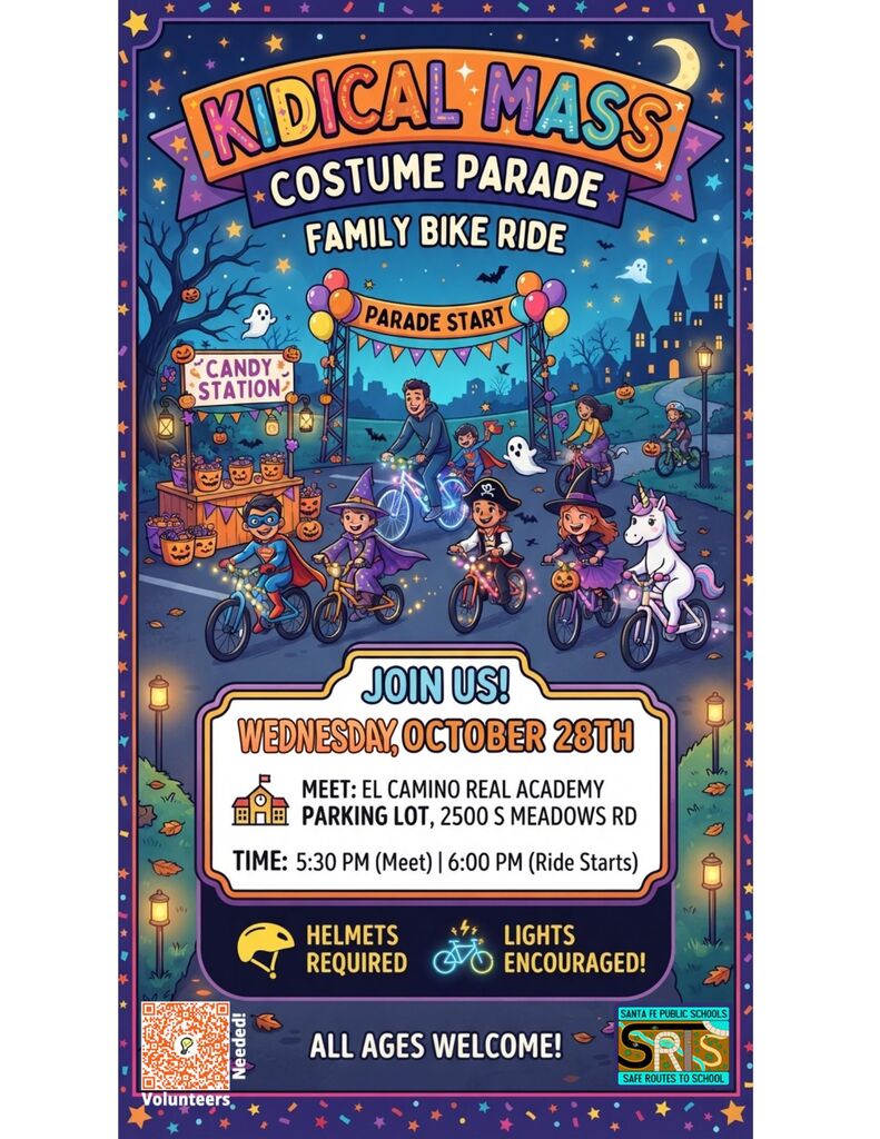 Flyer with colorful cartoon characters riding bikes. It says "Kidical Mass Costume Parade Family Bike Ride". Details include time, date, and location.