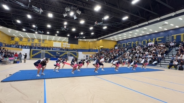 Team of athletes in red uniforms doing warm-ups on blue mats in a gym. Audience on bleachers.