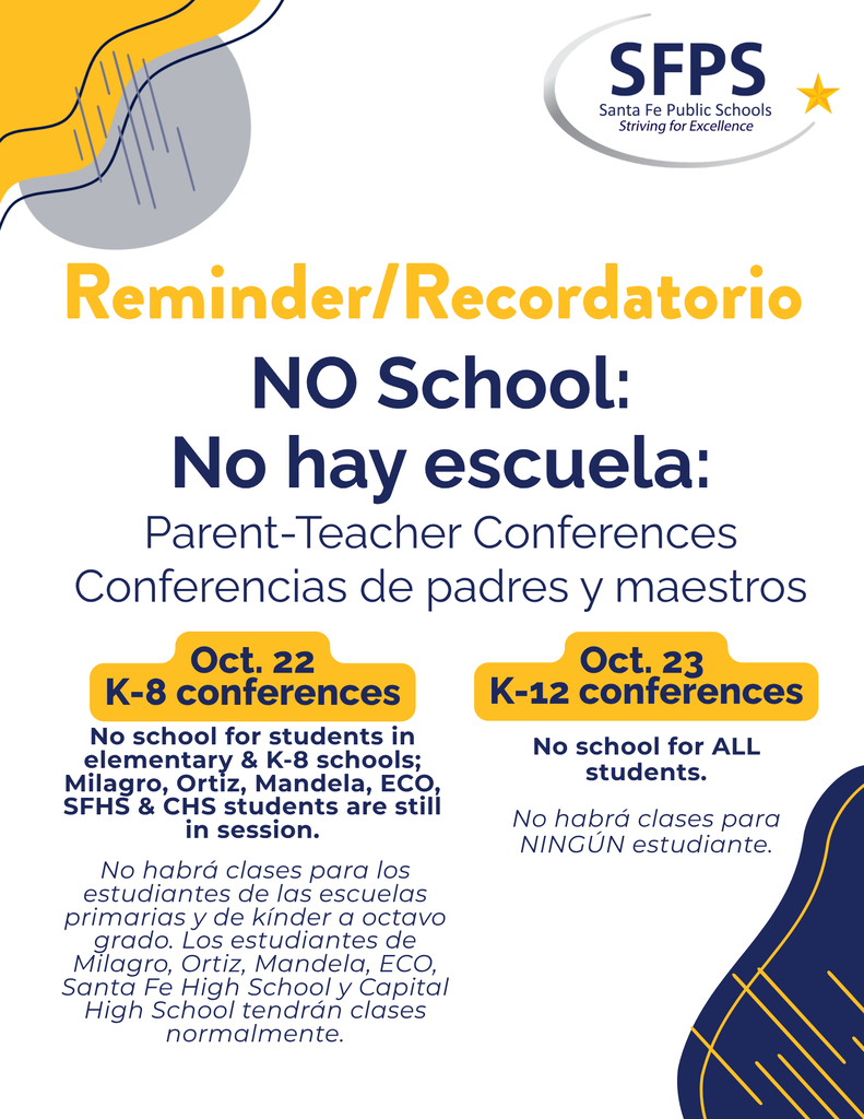Blue and yellow abstract shapes with text reading "Reminder/Recordatorio" and "NO School: No hay escuela: Parent-Teacher Conferences".