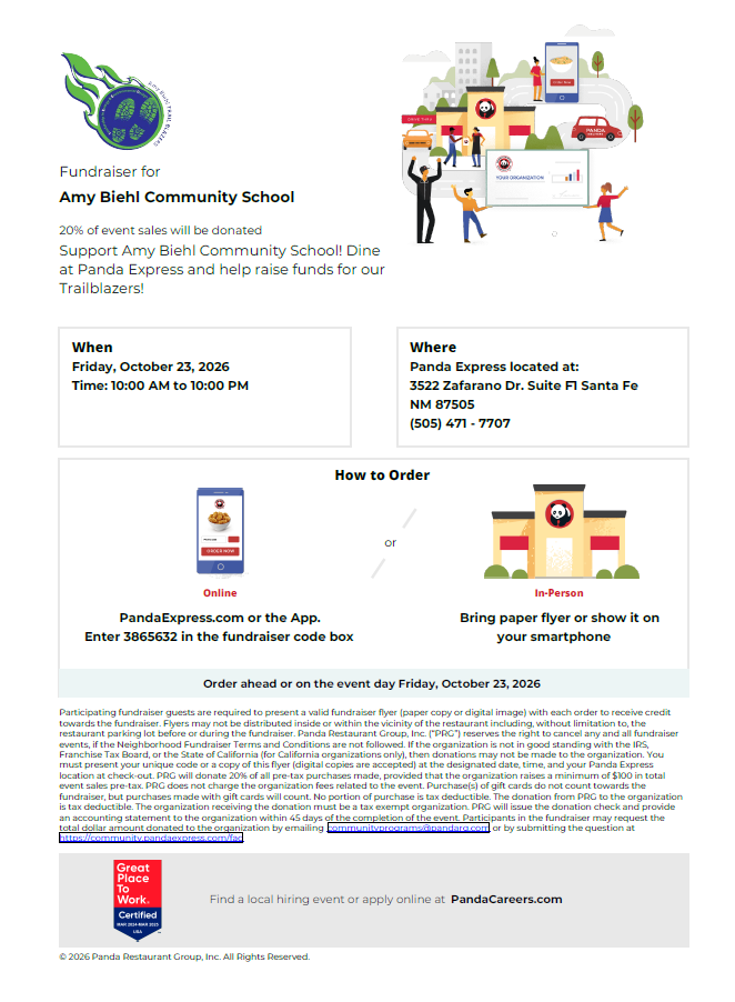 An announcement for Amy Biehl Community School fundraiser at Panda Express. Panda Express location address and contact number are provided.