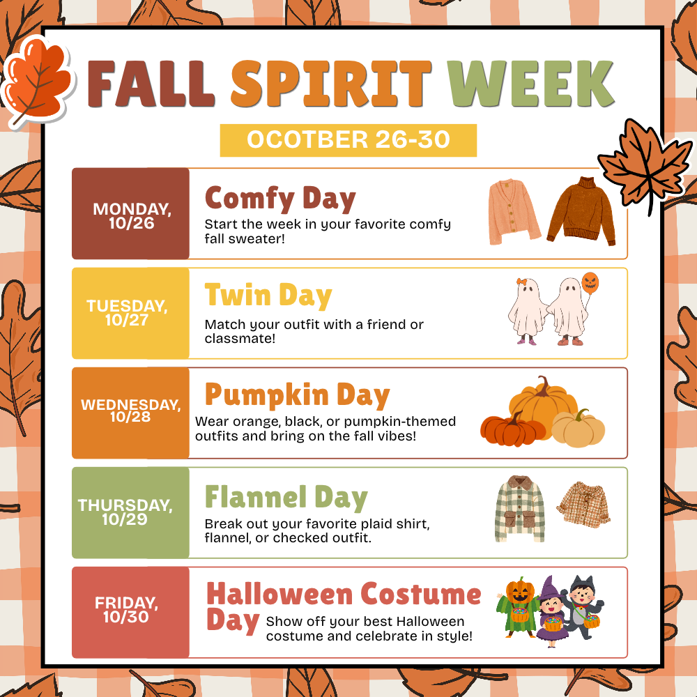 A poster for Fall Spirit Week with orange, green, and red background. Days are listed in chronological order.