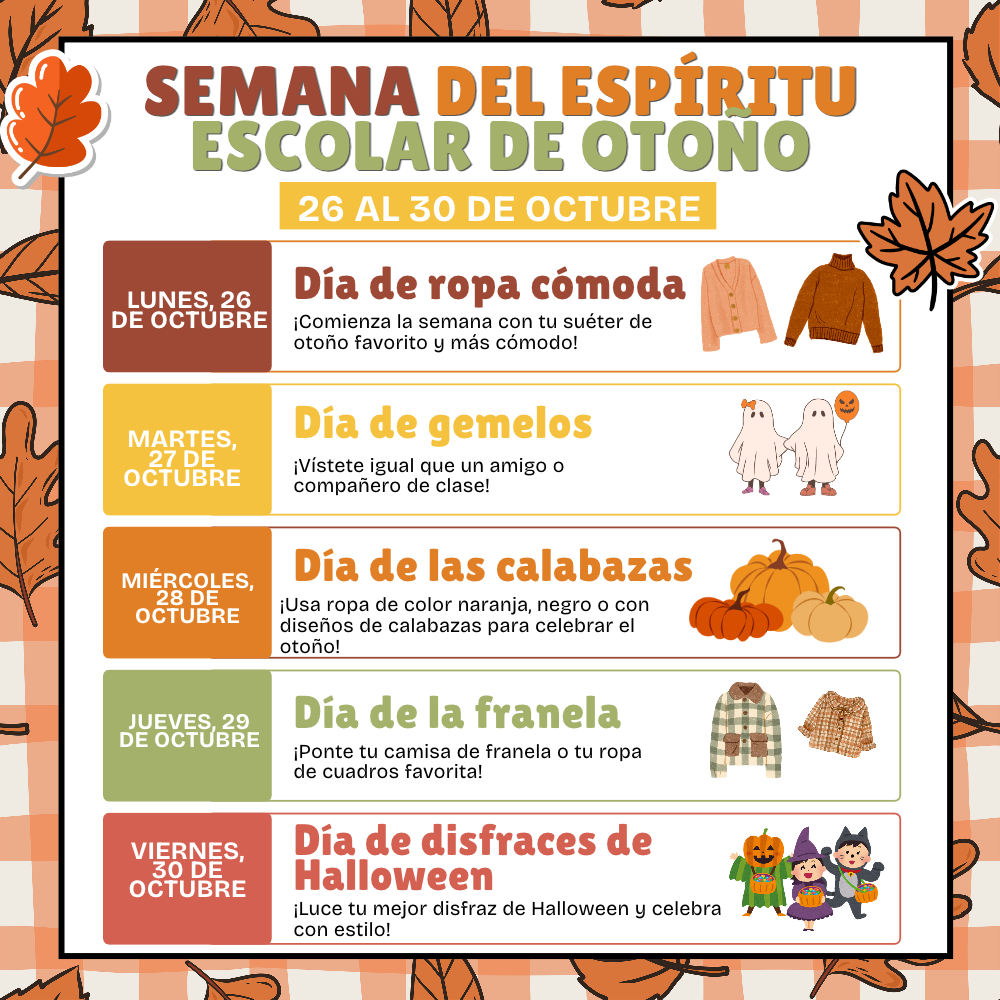 Calendar page for fall spirit week with a leaf and pumpkin theme. It lists five days of themed clothing.