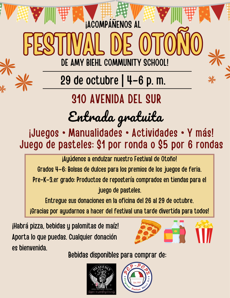Spanish text on a colorful background. Pizza, popcorn, and drink images. Information about a festival.