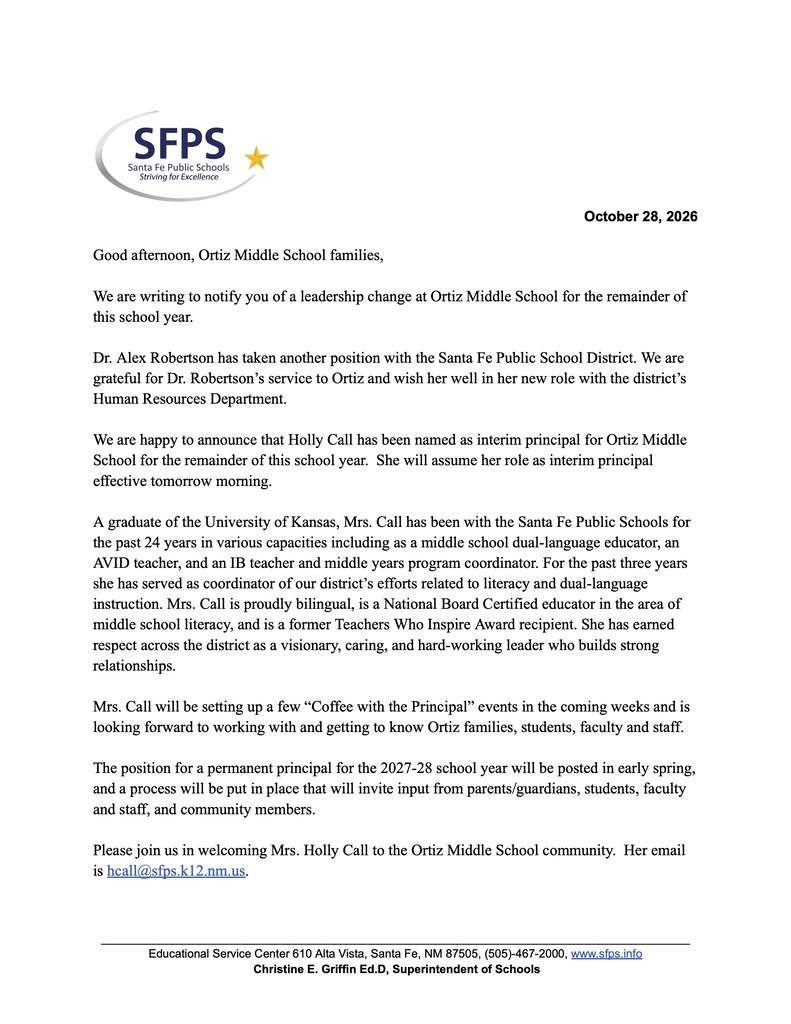 A letter with blue and white text printed on white paper. It begins with the title "SFPS" and the date "October 28, 2026".