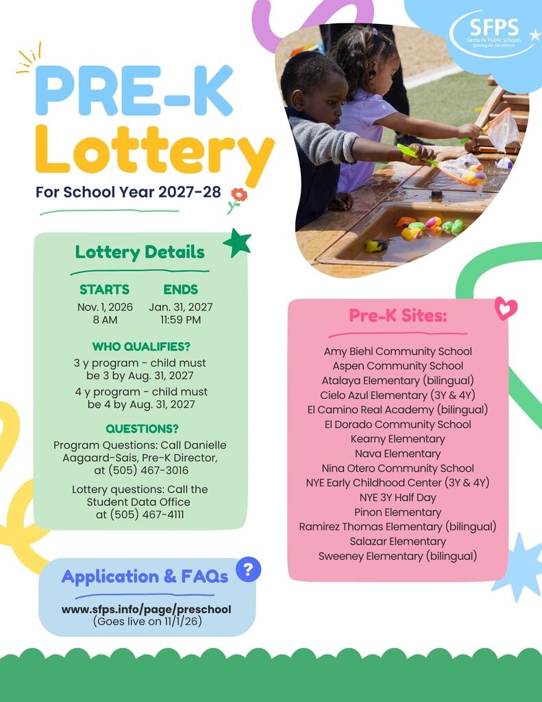 Two children play with colorful toys at a table. Text reads "Pre-K Lottery for School Year 2027-28" and includes details like start and end times, qualification criteria, and school sites.