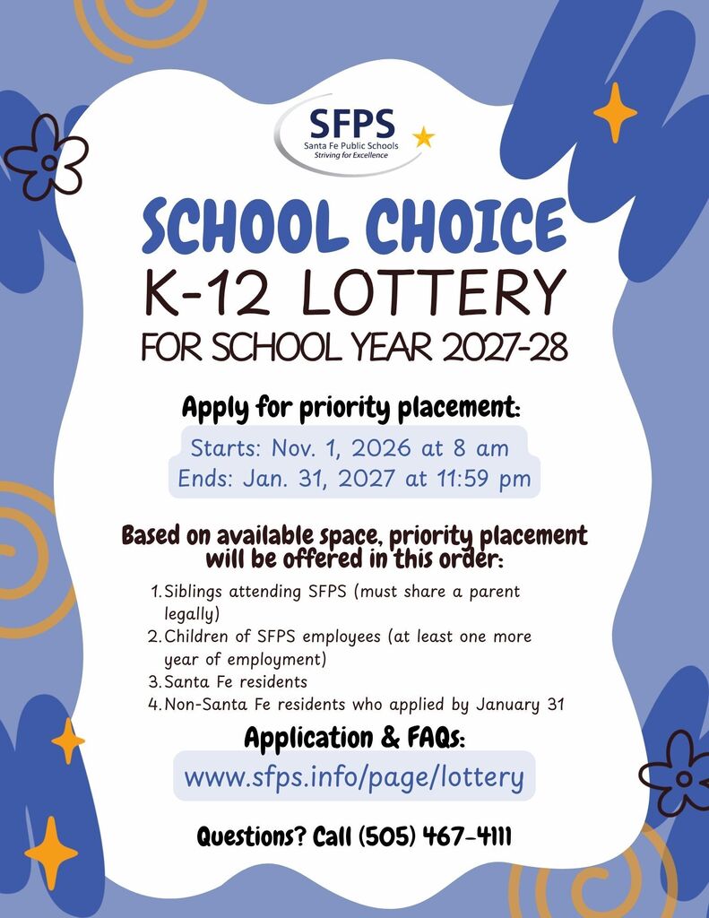 Poster for K-12 lottery. Blue and white background with blue and yellow flowers. Text "School Choice K-12 Lottery".
