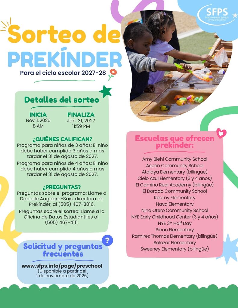 Poster for Prekkinder lottery. Child playing with toys. Text in Spanish. List of schools offering Prekkinder.
