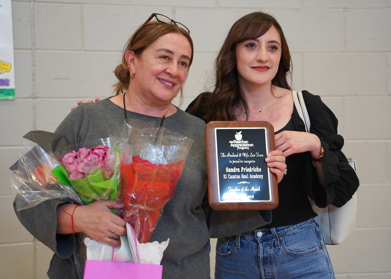 Friedrichs poses with her nominator and fellow educator, Guadalupe Estrada, during the award ceremony.