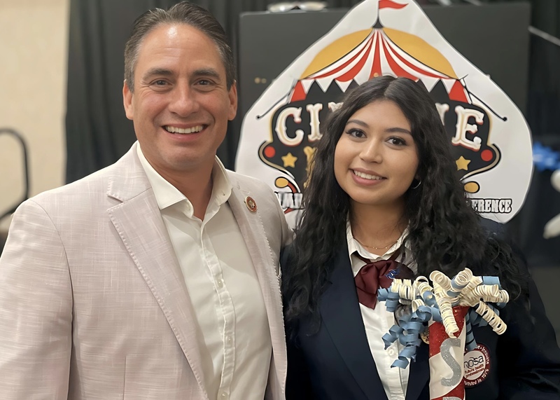 Howie Morales, Lieutenant Governor of New Mexico, takes a moment to congratulate Fernanda Ruiz, a Capital High junior, for being elected as the New Mexico HOSA State Executive President for the 2026-2027 school year. 