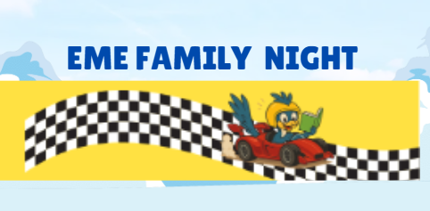 Picture of a roadrunner reading a book in a red race car with clouds in the background and the words EME Family Literacy Night