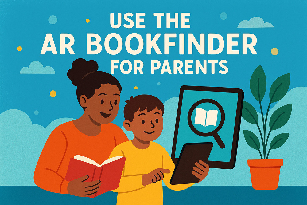 Picture of a mom and son reading and using a tablet with the words, "Use the AR Bookfinder for Panrents;.