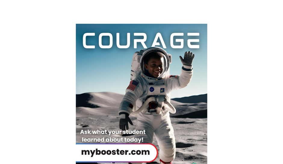 Child Dressed as an astronaut with the Word Courage.
