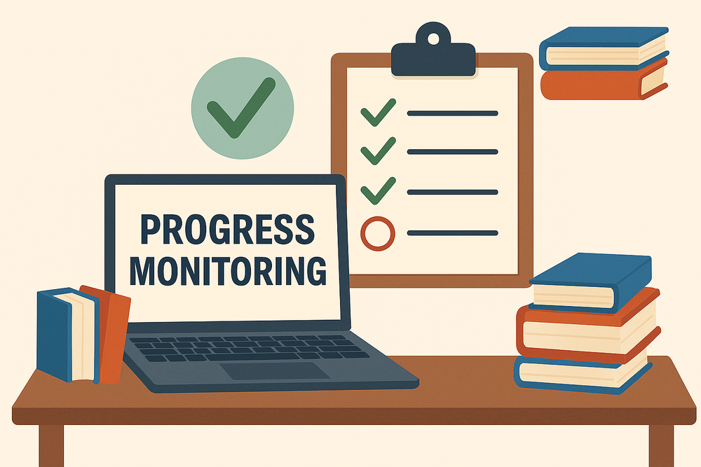 Picture of a computer with the words Progress Monitoring and books and a checklist.