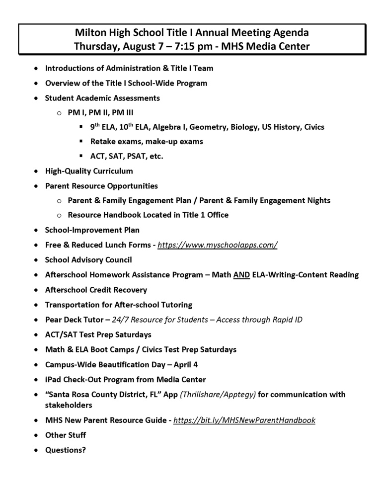 Agenda - Title 1 Annual Meeting