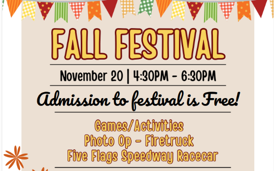 Fall Festival poster with picture of a scarecrow and pumpkins.
