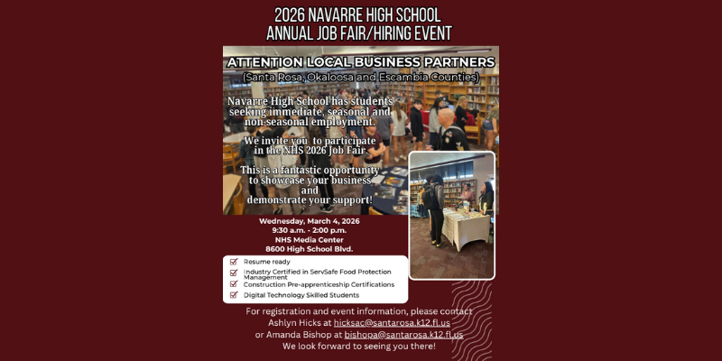 Maroon backgground with pictures of people talking and text detailing job fair information.