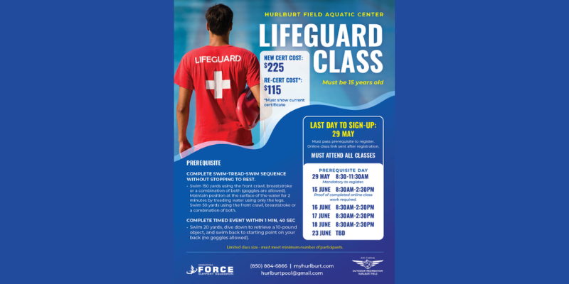 Blue background with a lifeguard facing away in top left corner and text on the right and bottom.