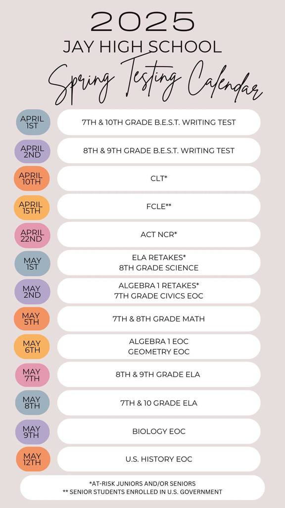 testing calendar