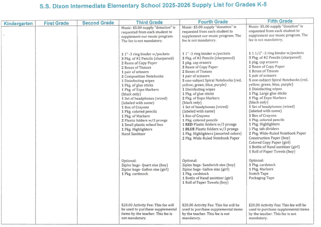 25-26 School Supply List