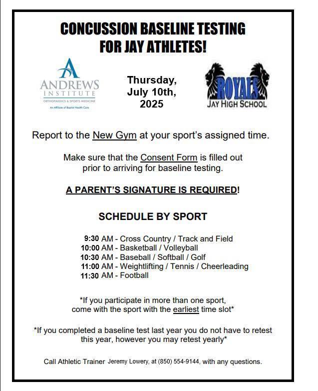 Baseline Concussion testing is for all incoming 7th, 9th, and 11th grade athletes on Thursday, July 10th. Consent forms can be picked up in the JHS office and must be completed before students arrive. All students should enter the new gym at the side door near the football field and will be directed where to go from there. 