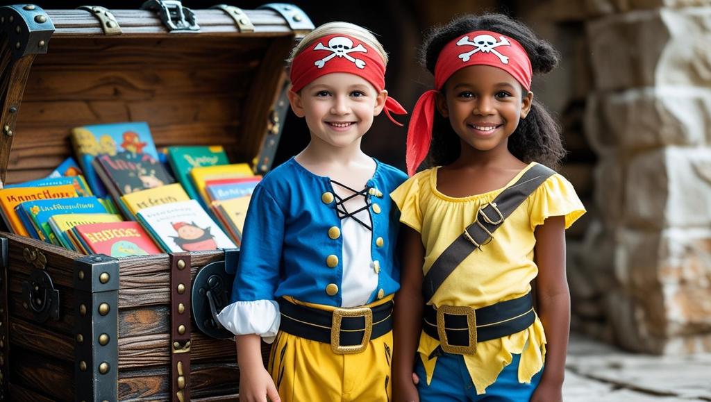 A picture of a boy and a girl dressed as a pirate with a treasure chest of books, created using Canva .