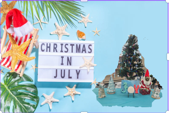 Christmas in July sign with starfish and a Christmas tree and a Santa hat.