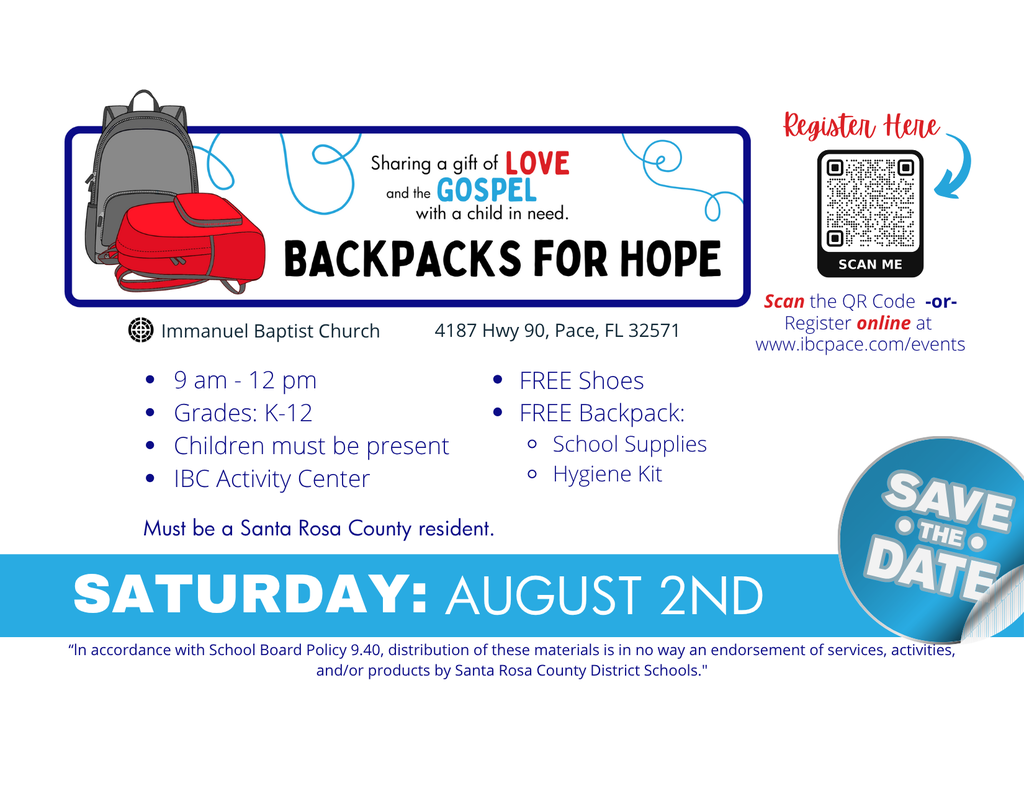 Backpacks for Hope, August 2nd, 9am-12pm, 4187 Hwy 90, Pace, Fl, 32571, Grades K-12, Children must be present, Free Shoes, Backpack, School Supplies, Hygiene kit