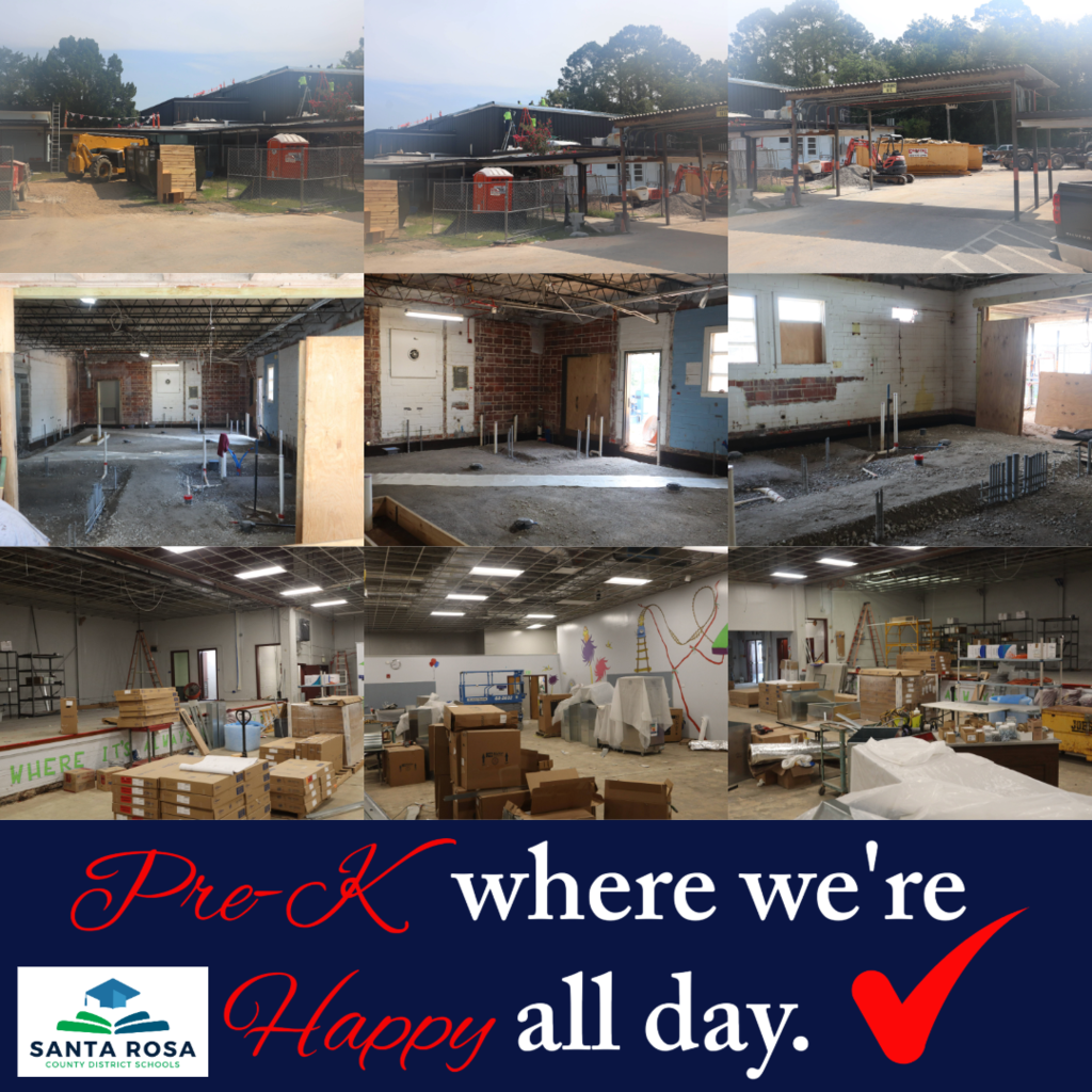 nine pictures of our current kitchen and cafeteria renovation. the banner below says Pre-K where we're happy all day and includes a red checkmark and logo of the school district