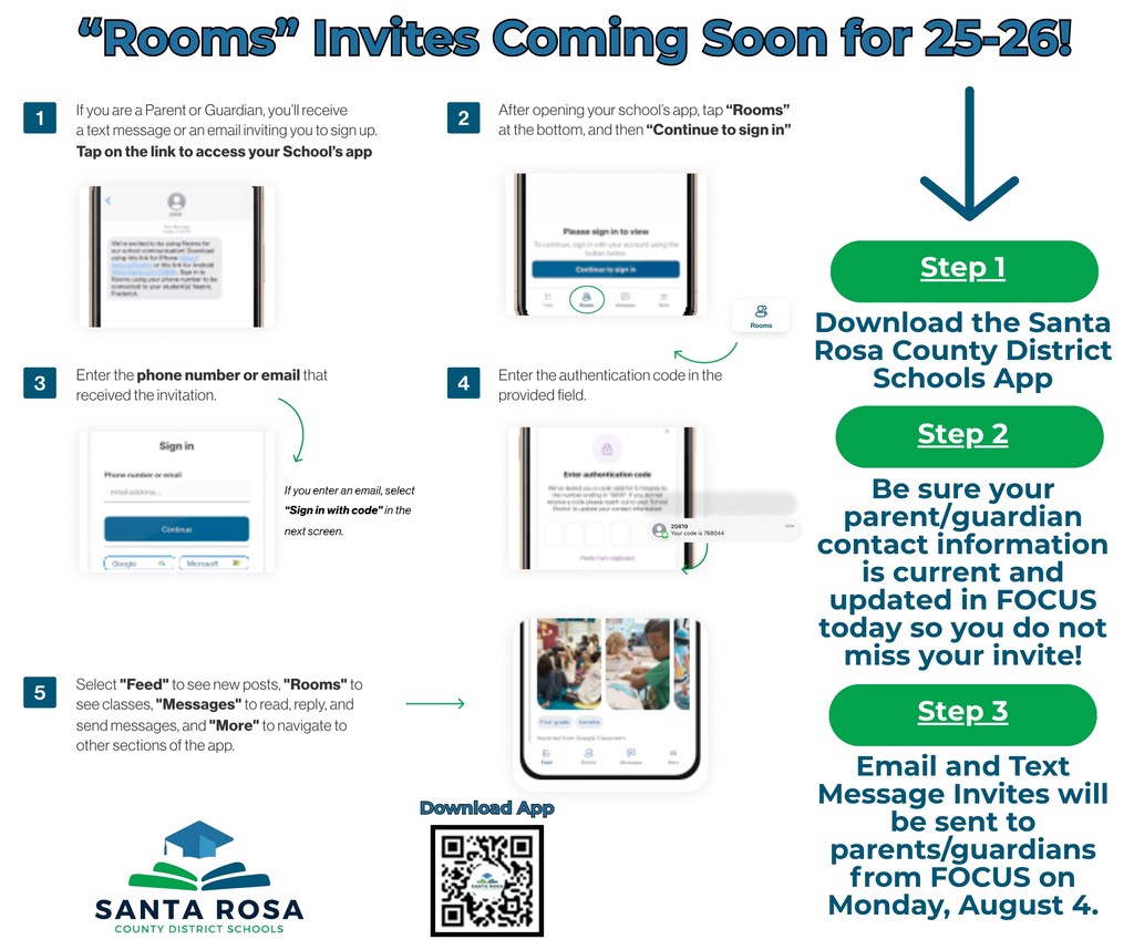 Step 1, Download the Santa Rosa County District Schools App from your App Store; Be sure your the parent/guardian contact information is current and updated in focus today so you do not miss your invite; Step 3 Email and text message invites will be sent out  starting today August 4th!