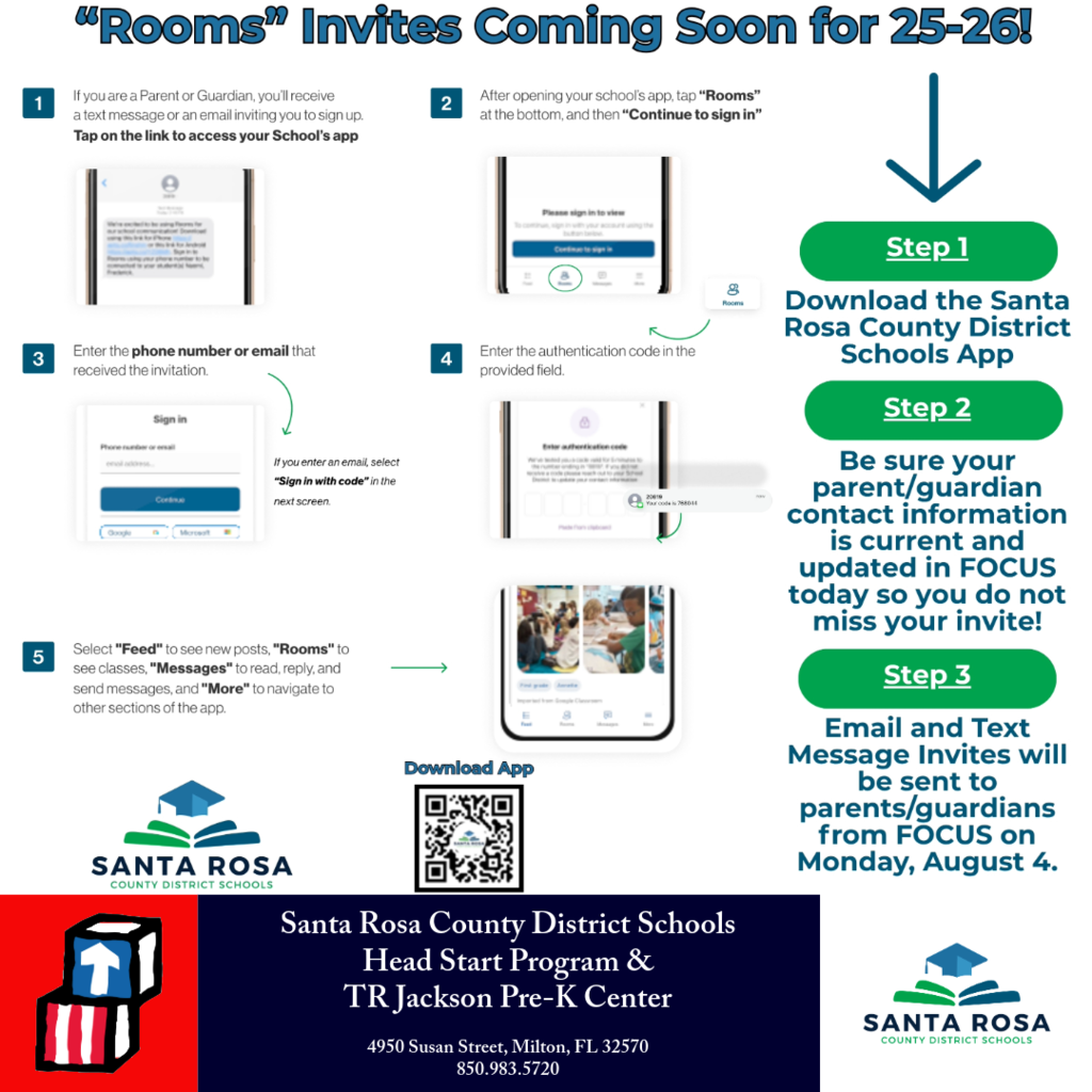 Graphic describing the process for receiving an invite to Rooms the new communication platform for the school district. Step one, download the santa rosa county district schools app. Step two, check parent/guardian contact information to be sure your information is current and accurate, expect an invite text and email on Monday, August 4
