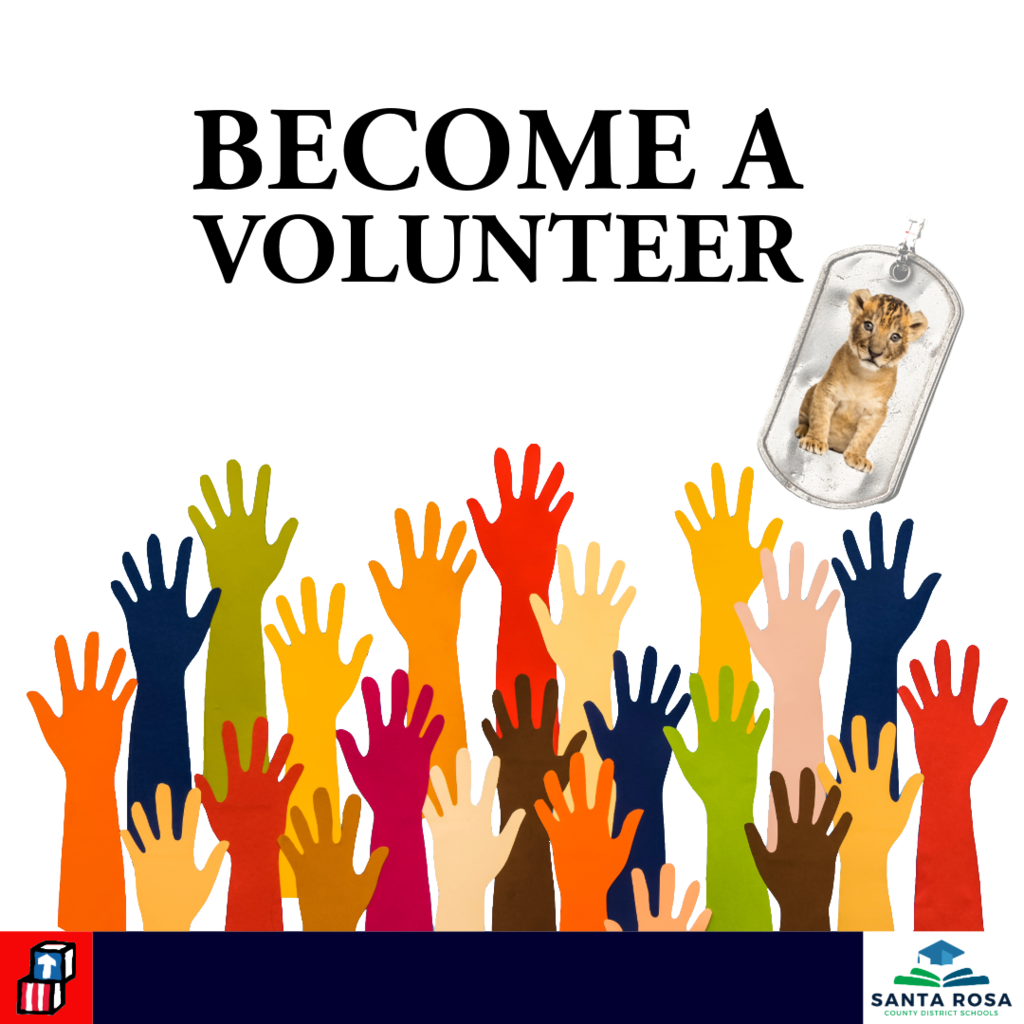 hands raised in the air with the words become a volunteer and dog tag with lion cub on it