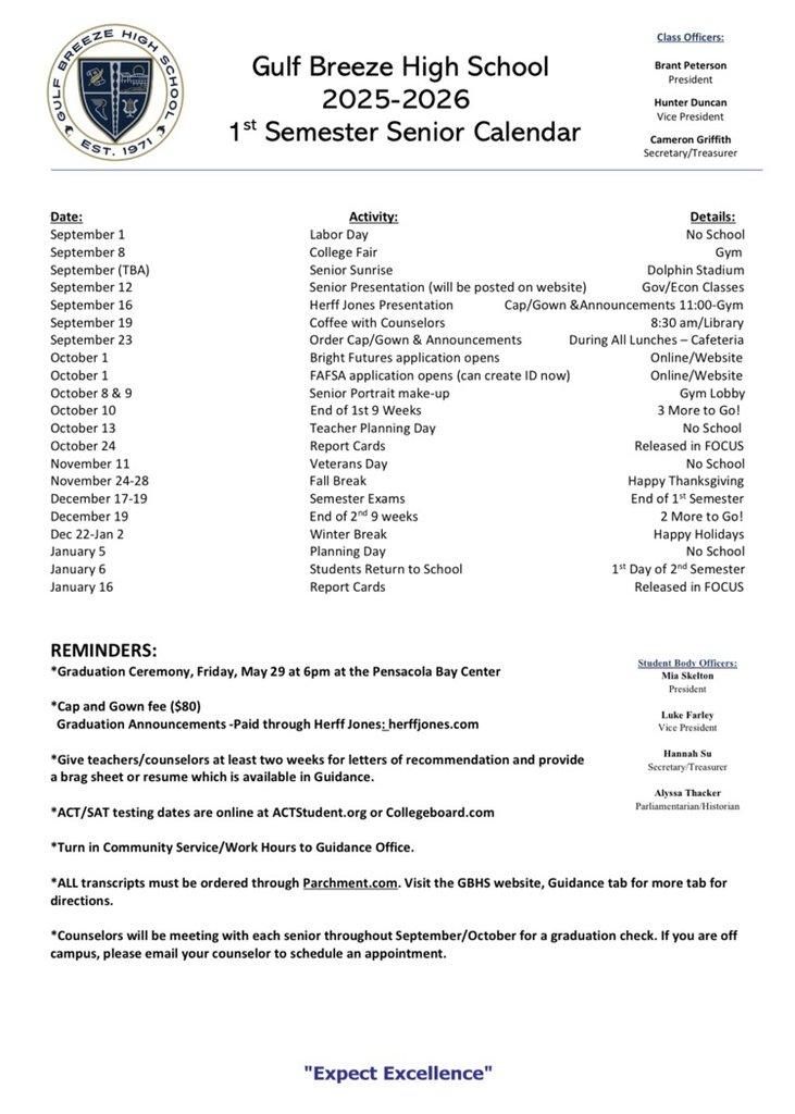 1st Semester Senior Calendar