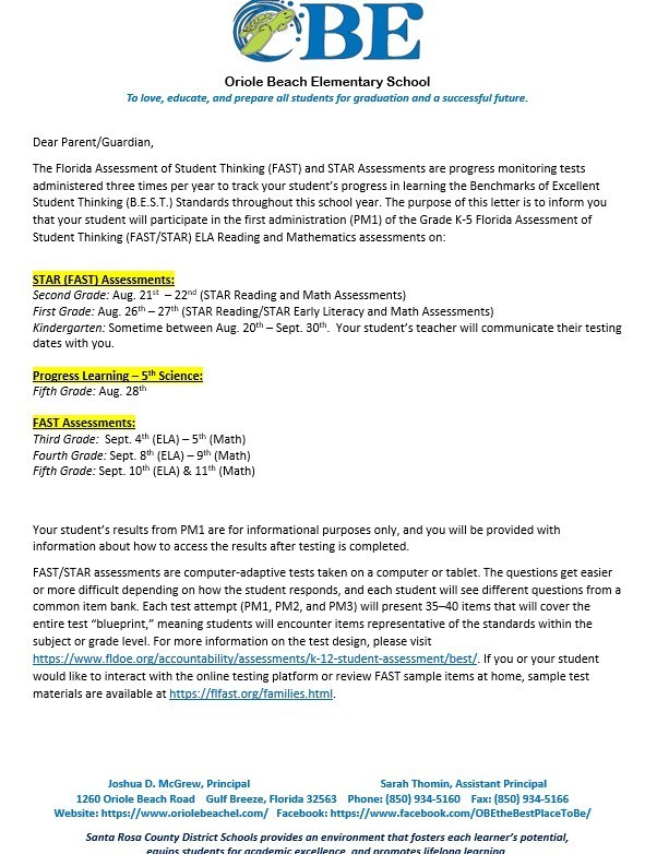 Parent Letter- Beginning of the Year Testing