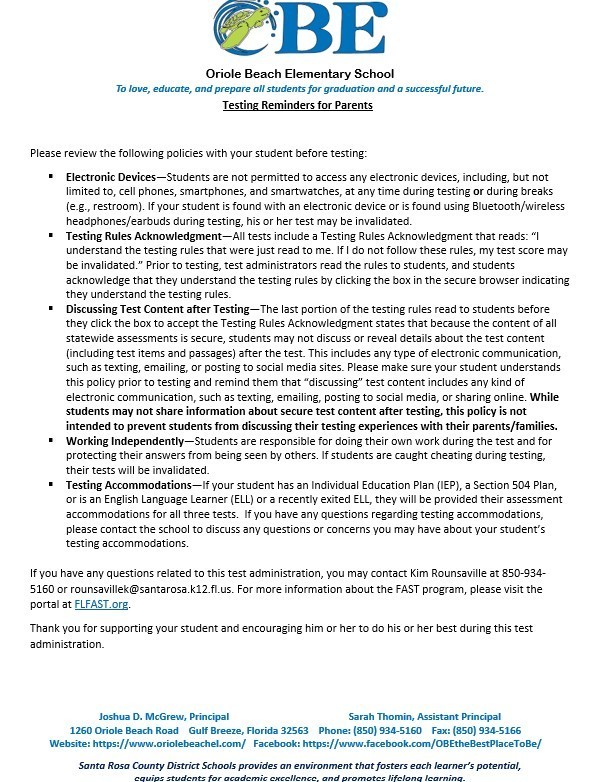 Parent Letter- Beginning of the Year Testing Continued