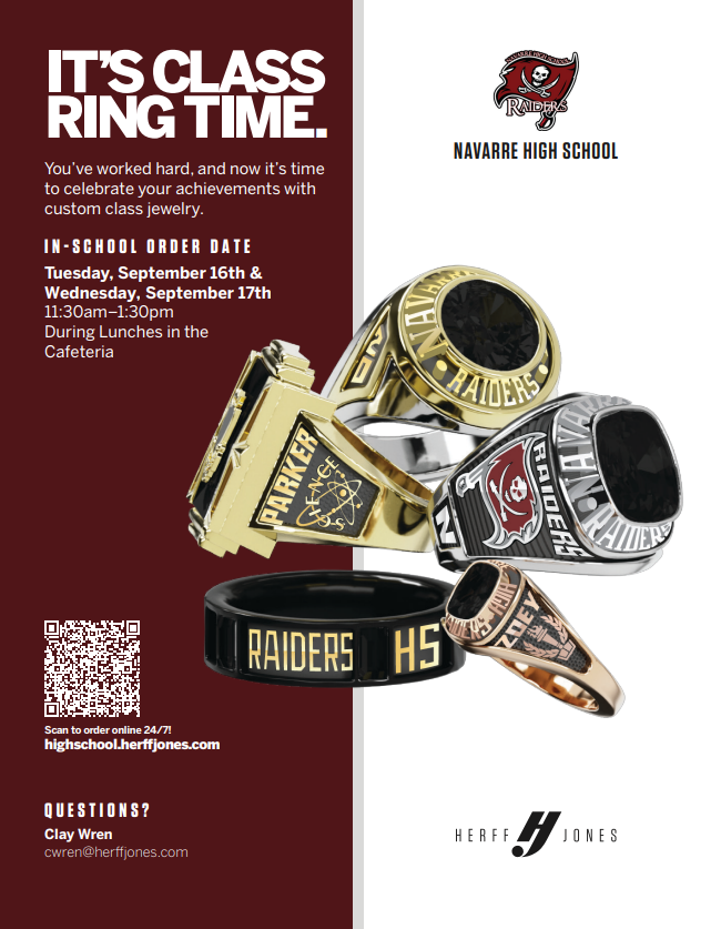 Herff Jones will be on campus Tuesday and Wednesday, September 16th and 17th to take deposits for class rings and senior caps & gowns. Orders can be placed during all lunches.