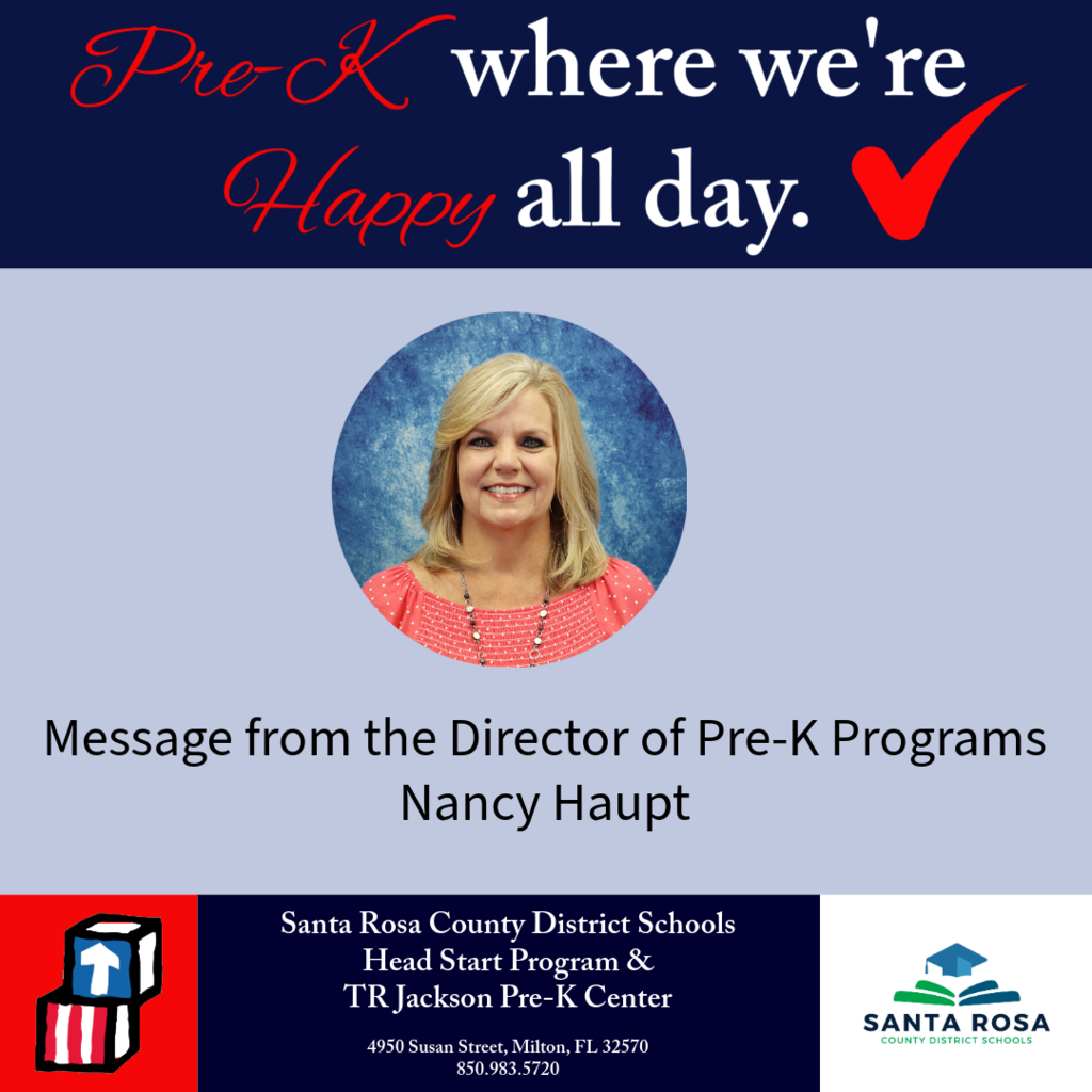 graphic that says pre k where we're happy all day picture of Nancy Haupt director of pre k programs