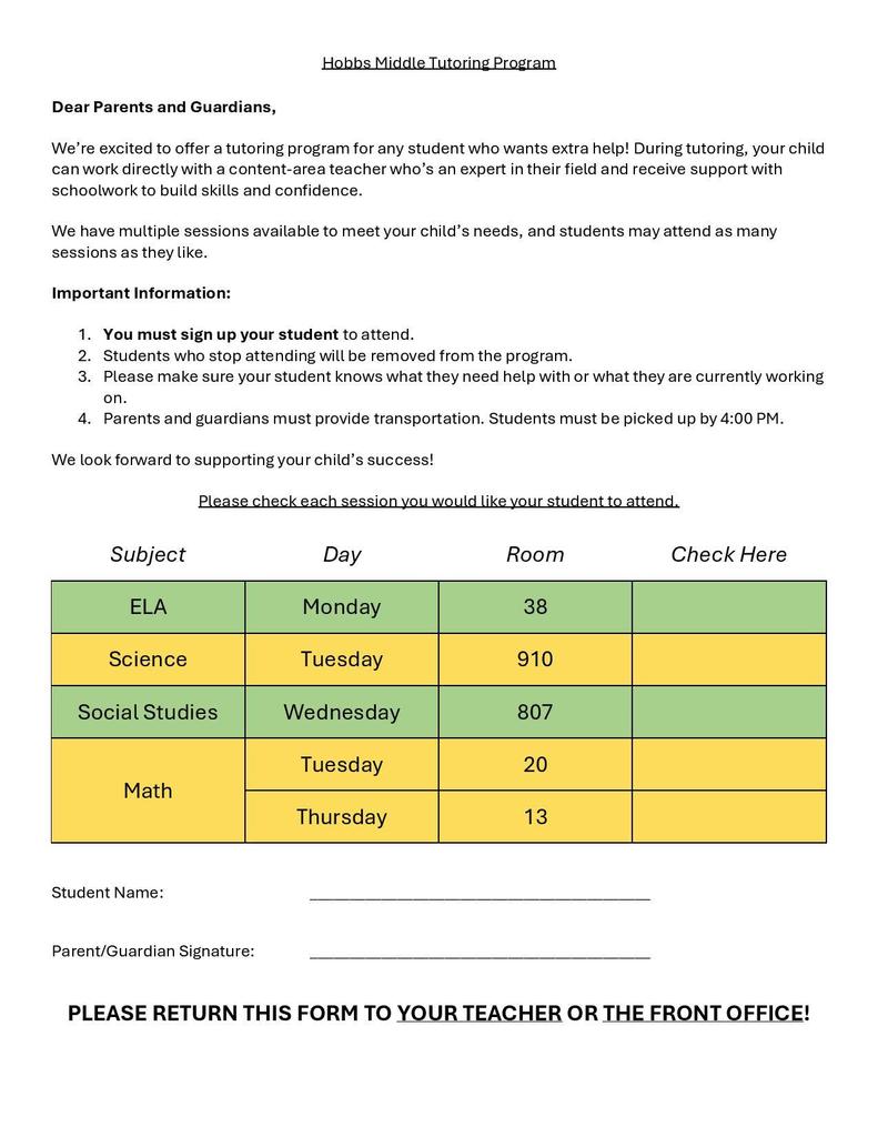 hobbs middle tutoring schedule