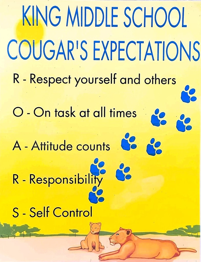 🐾 King Middle School PBIS Update 🐾 At King Middle, we love to encourage and celebrate our Cougars for following our R.O.A.R.S. Rules: Respect, On Task, Attitude, Responsibility, and Self-Control. ✨ Every Friday, we hold a special drawing where 5 students (one from each grade level) are chosen to sit in our new Cougar Café booths! Not only do they get this exclusive opportunity, but each winner can invite up to 5 friends to join them. The excitement on Fridays is contagious—our students love hearing those names called! 🍔 Join us tonight for our first PBIS Spirit Night at the Milton Sonic from 5–7 PM! Be on the lookout for more of these fun nights throughout the year. Funds raised through Spirit Nights go directly back into our PBIS program to help us continue celebrating our Cougars for their hard work. 🎉 And in just a few short days, we’ll be holding our first quarterly PBIS drawing! Students who have not received a referral this 9 weeks will be entered for a chance to win either a TV or a tablet. We are so proud of our Cougars and cherish every opportunity to celebrate their success. 💙 If you’d like to support our PBIS efforts, please reach out to the school—we’d be happy to share ways you can get involved! #CougarPride #PBIS #KMSROARS