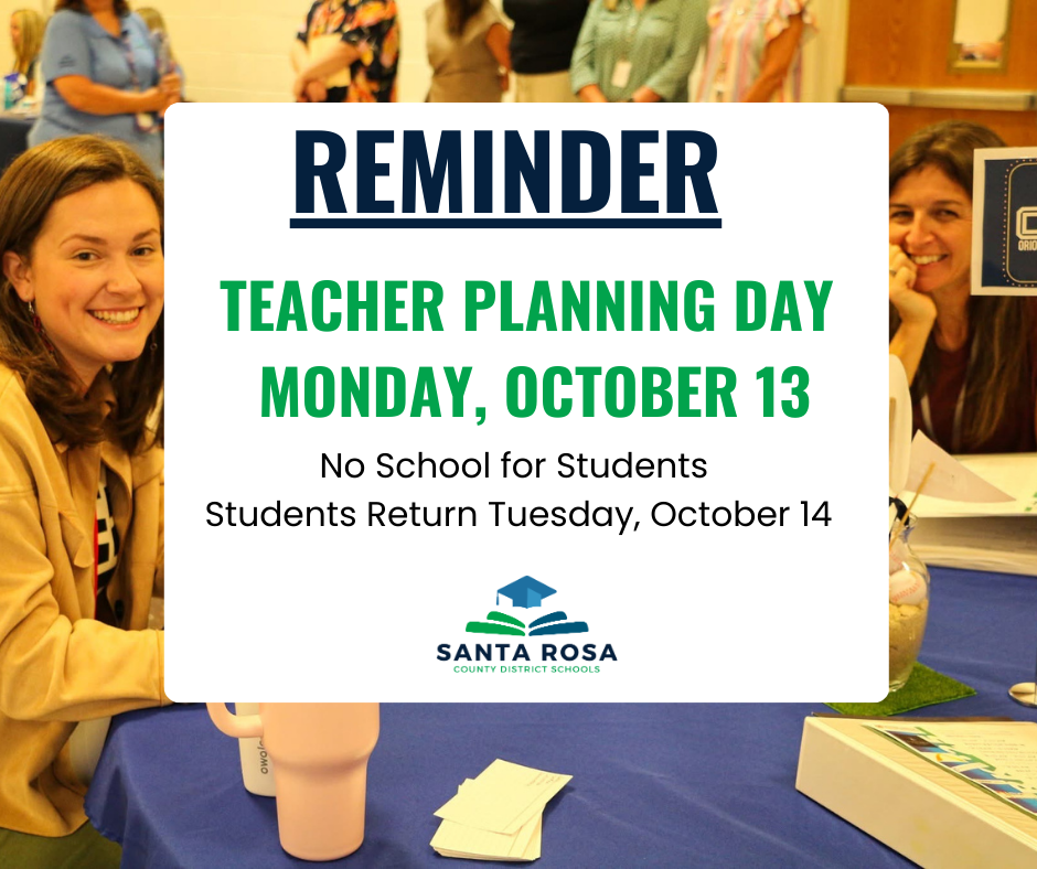 Teacher Planning Day on Monday, October 13th.  No school for students.  Students return on Tuesday, October 14