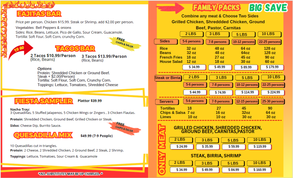 Pedros GB catering menu