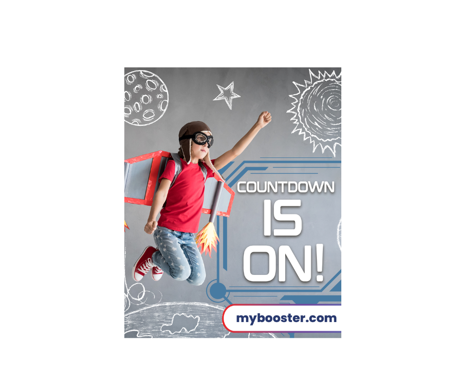 Picture of a child with a cardboard rocket on his back jumping in the air with the caption Countdown is on!