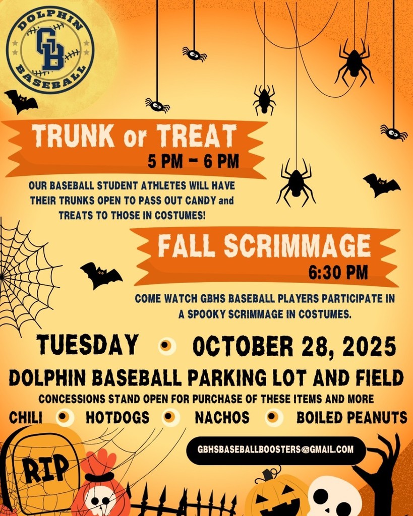 Trunk or Treat and Fall Dolphin Baseball Scrimmage Tuesday, October 28, 2025 starting at 5 PM!  