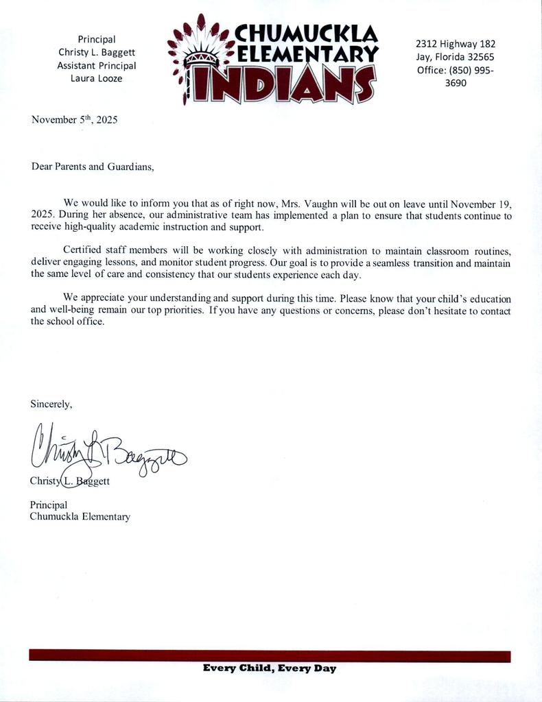 6th Grade Teacher Absence Update Letter